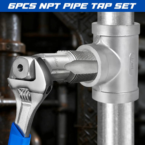 Pro Grade NPT Pipe Tap Set 6 Piece Kit with Sizes 1 Inch, Three Quarter Inch, One Half Inch, Three Eighths Inch, One Quarter Inch, One Eighth Inch Alloy Steel Pipe Thread Cutting Tool inserted into metal pipe