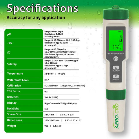 5-In-1 Digital Water Testing Meter For Hydroponics, Aquarium, Pool And Drinking Water showing specifications and green display