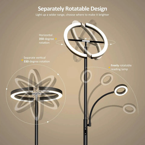 Split Floor Lamp With Reading Light Rotatable Dual Heads LED Standing Lamp Stepless Dimming 3000K-6000K Color Temperature Touch Or Remote Control Great For Living Room Bedroom Office Black