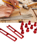 Woodworking scene with 10-piece Aluminum Alloy Bench Dogs Set, non-slip, 20mm diameter, with 2 red base clamps for quick secure setup.