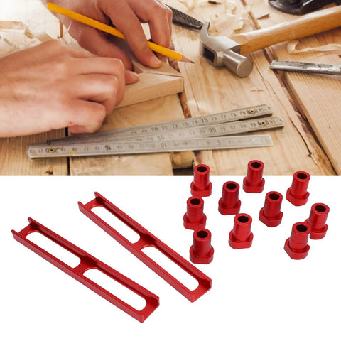 Woodworking scene with 10-piece Aluminum Alloy Bench Dogs Set, non-slip, 20mm diameter, with 2 red base clamps for quick secure setup.