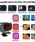 All In One Waterproof Housing With 3 Pack Dive Filters For GoPro Hero 12 11 10 9 Black 60M Underwater Depth Includes Red Filter