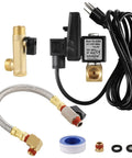 110V Automatic Timed Water Tank Drain Valve Two Way Direct Acting With Ten Inch Braided Steel Hose One Quarter Inch NPT Threads