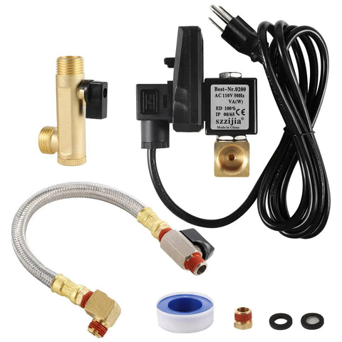 110V Automatic Timed Water Tank Drain Valve Two Way Direct Acting With Ten Inch Braided Steel Hose One Quarter Inch NPT Threads