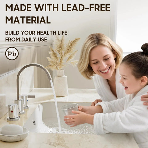 Mother and child using Chrome 8 Inch Widespread 3 Hole 2 Handle Waterfall Bathroom Sink Faucet With Metal Pop Up Drain.