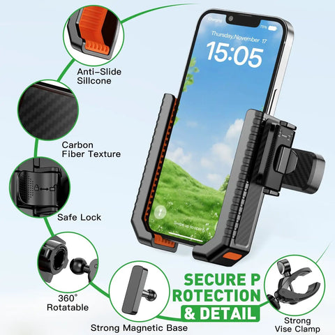2-In-1 Golf Cart Phone Holder Mount With Magnetic Base And Vise Clamp showing parts for 4.5-7 inch smartphones like iPhone, Galaxy, Google