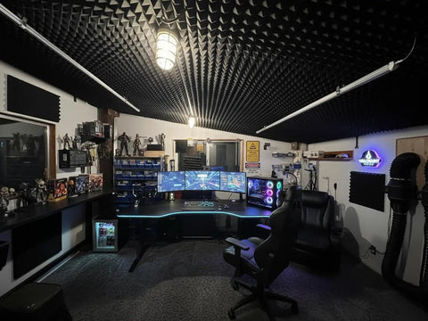 Twelve Pack High Density Pyramid Acoustic Foam Wall Panels With Strong Self Adhesive Backing Sound Proof Tile Blocks Chatter Zero Echo Tight Home Recording Setup in studio.