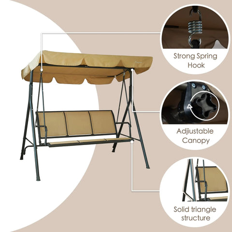 Three Person Outdoor Porch Swing with Canopy Shade, showcasing breathable Textilene seat, adjustable canopy, and solid steel frame.