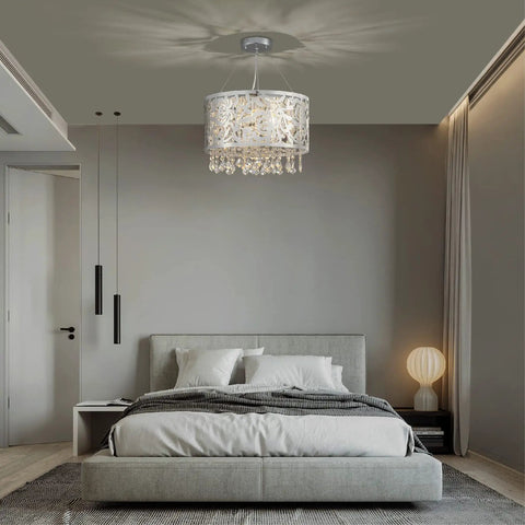 Modern Crystal Drum Chandelier With Six Beaded Crystals, 14.9 Inch Ring Pendant Ceiling Light in a bedroom setting.