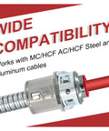 Heavy Duty Zinc MC Cable Connectors 35 Pack Snap In Mounting For One Half Inch Knockouts showing wide compatibility with aluminum cables.