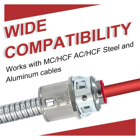 Heavy Duty Zinc MC Cable Connectors 35 Pack Snap In Mounting For One Half Inch Knockouts showing wide compatibility with aluminum cables.