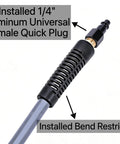 Built Like A Tank 10 Foot Air Compressor Hose Carrying A Quarter Inch Bore Rated At 300 Psi showcasing installed aluminum quick plug and bend restrictor.