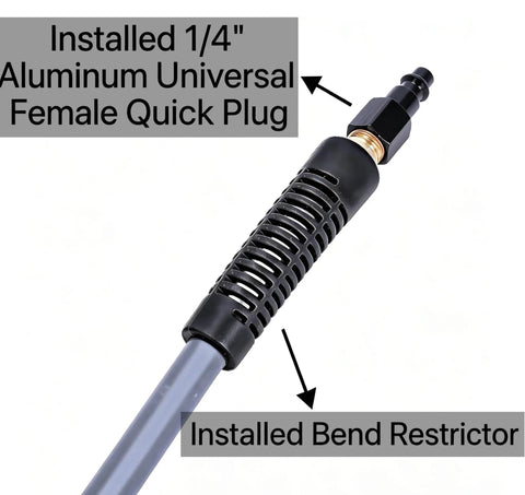 Built Like A Tank 10 Foot Air Compressor Hose Carrying A Quarter Inch Bore Rated At 300 Psi showcasing installed aluminum quick plug and bend restrictor.