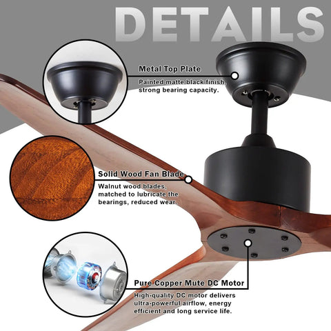 Details of 52 Inch Walnut Wood Ceiling Fan With 3 Blades No Light Quiet Reversible DC Motor Indoor Outdoor Remote Control Farmhouse Style