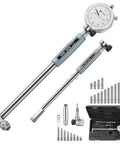 Front view of Neoteck dial bore gauge set, 0.7–6 in range, 6 in depth, includes 23 anvils and case.