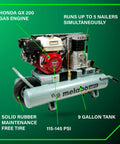 The Tank XL 9-Gallon Gas Wheelbarrow Air Compressor With Honda GX200 Engine on green background