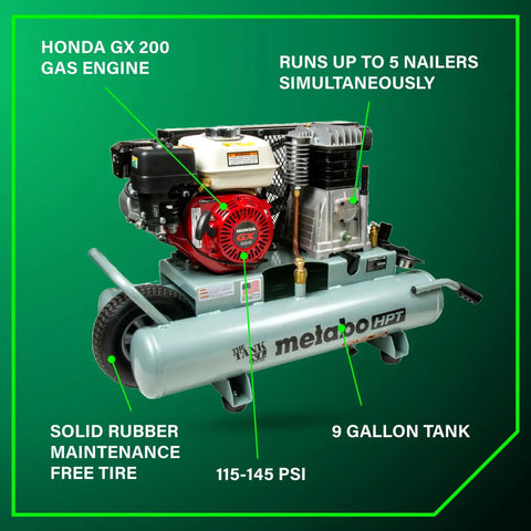 The Tank XL 9-Gallon Gas Wheelbarrow Air Compressor With Honda GX200 Engine on green background
