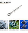 30 Pack 2mm By 16mm Cotter Pins Hairpin Clips 304 Stainless Steel Silver Finish Durable For Machinery And Equipment 0.08 Inch Diameter 0.63 Inch Short Side Split Pins with application examples including securing nuts, vehicle wheels, and track locks.
