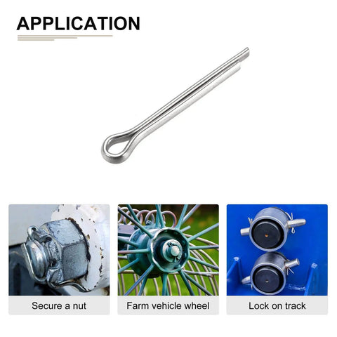 30 Pack 2mm By 16mm Cotter Pins Hairpin Clips 304 Stainless Steel Silver Finish Durable For Machinery And Equipment 0.08 Inch Diameter 0.63 Inch Short Side Split Pins with application examples including securing nuts, vehicle wheels, and track locks.