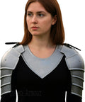 Woman wearing Sturdy Medieval Larp Shoulder Armor With Gorget For Women Badass Pauldrons And Leather Trim In Silver Steel with straps