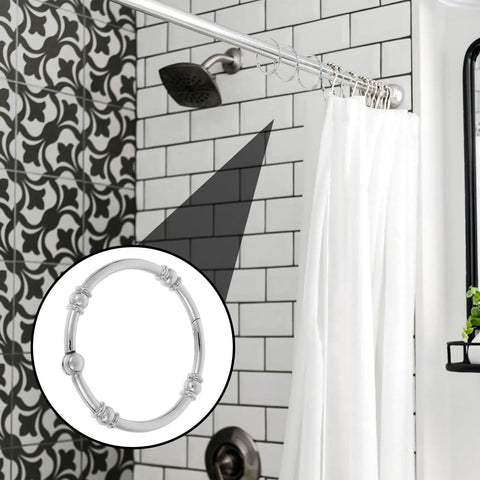 12 Piece Zinc Alloy Shower Curtain Hooks With Smooth Glide Double Sided Rings For Bathroom Rods No Tools Needed Easy Install Durable Rust Resistant With Shiny Silver Finish shown installed on a bathroom rod with white curtain