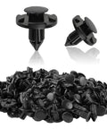 Premium Black Nylon Push Pin Clips For Bumper Shield And Fender Trim Panel Fasteners, 100 pcs pile with various designs.