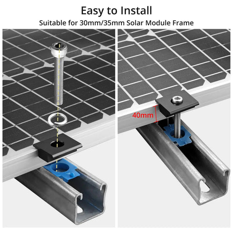 Rock Solid 10 Pack Solar Panel Mid Clamps For Unistrut Rail Tracks 40Mm Aluminum Hardware In Slate Black showing installation process.
