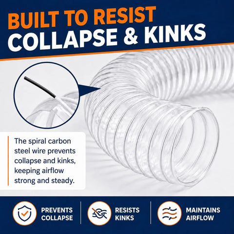 Kickass 4 Inch Pvc Dust Collection Hose 20 Feet Long Steel Coiled Anti Kink Flexible Exhaust Tubing shown coiled to resist kinks.
