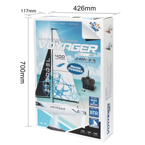 Box of Voyager 400 2.4GHz RC Sailboat with Detachable Motor for Indoor or Windless Day Sailing, remote included