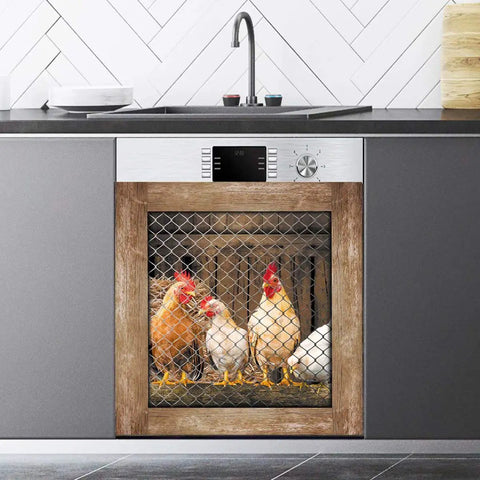 Rooster Magnetic Dishwasher Cover Sticker For Kitchens Fridge Door Panels Farmhouse Hen Decals, fitted on dishwasher.