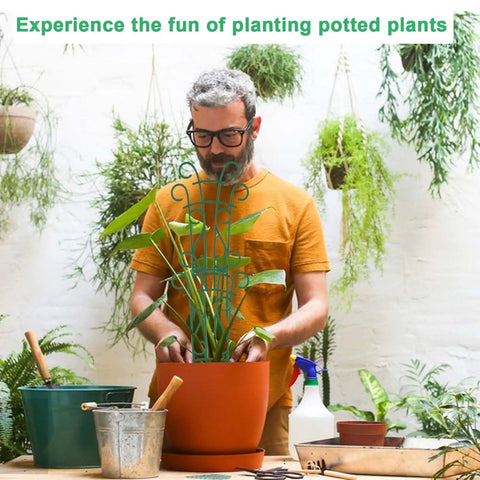 Man using Stackable Plant Trellis Kit For Potted Plants Indoor Outdoor Climbing Support For Pothos Hoya Ivy And Flowers 4 Pack