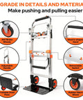 3 In 1 Aluminum Folding Hand Truck Dolly Cart With Wheels, Heavy Duty Convertible Cart with details of brake wheels and handle.