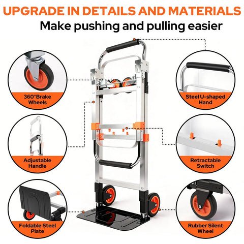 3 In 1 Aluminum Folding Hand Truck Dolly Cart With Wheels, Heavy Duty Convertible Cart with details of brake wheels and handle.