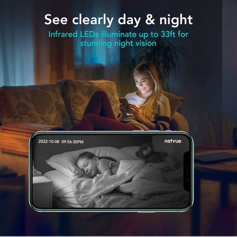 1080P HD Indoor Home Security Camera With 2.4GHz WiFi Smart AI Detection for monitoring child with night vision on phone app.