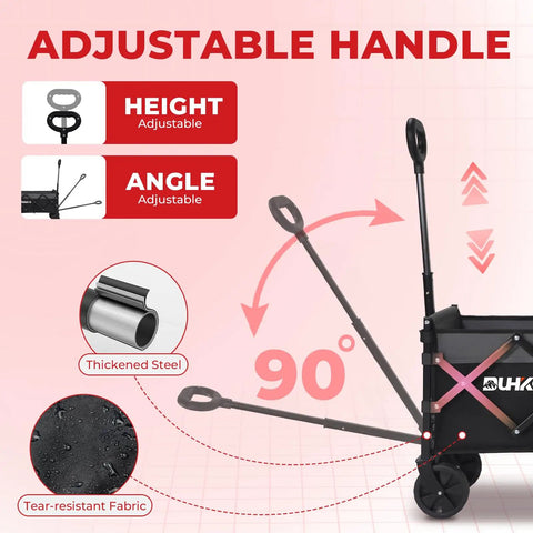 Ultra Light Folding Wagon On Wheels For Easy Grocery Runs And Outdoor Adventures, adjustable handle with height and angle settings.