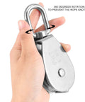 Hand holding Beefy Four Pack M50 Single Pulley Block With 881 Lbs Load Capacity, showing stainless steel and 360-degree rotation.