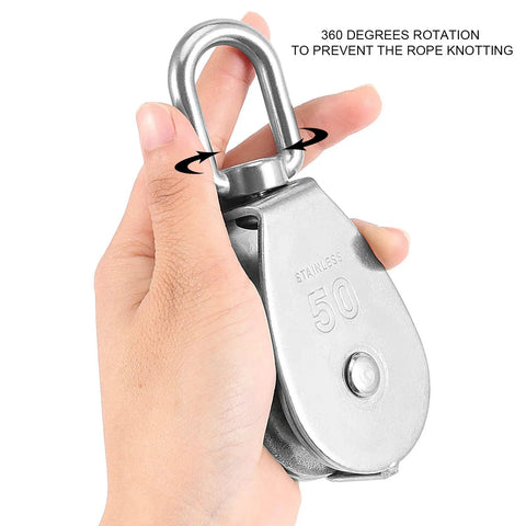 Hand holding Beefy Four Pack M50 Single Pulley Block With 881 Lbs Load Capacity, showing stainless steel and 360-degree rotation.