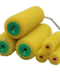 10 Pack 4 Inch Foam Paint Roller Kit With Heavy Duty Spring Handles For Smooth Rollouts And Clean Edge Trimming Ideal For Latex Or Oil Based Coatings On Interior Walls, featuring yellow foam rollers.