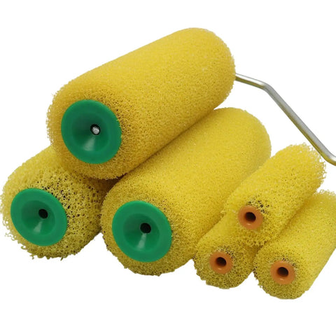 10 Pack 4 Inch Foam Paint Roller Kit With Heavy Duty Spring Handles For Smooth Rollouts And Clean Edge Trimming Ideal For Latex Or Oil Based Coatings On Interior Walls, featuring yellow foam rollers.