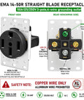 Heavy Duty Nema 14-50R 50 Amp EV Charging Outlet With Wall Plate Solid Grounding visible from front and rear views showing wiring details.