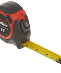 Self Centering Tape Measure 1 Inch By 25 Foot With Clear Blade Coating Ergonomic Design Pro Grade Durability Reinforced End Hook And Quad Rivet Durable Tape For Easy Centering Precise Readouts And Long Lasting Use showing extended measurement blade.