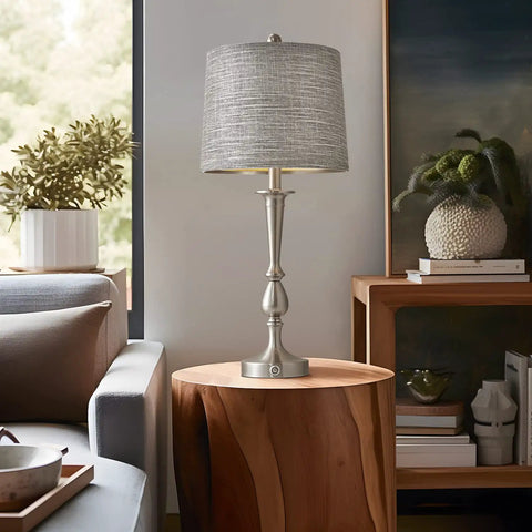 USB Sleek Metal Table Lamps Set Of 2 For Living Room And Bedroom Large Size Brushed Nickel Finish Touch Activated Dual USB Ports