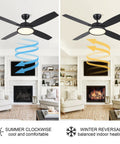 Dope 52 Inch Matte Black Modern Ceiling Fan With LED Lights And Remote Quiet Motor Reversible Four Blade Low Profile Design showing winter and summer settings