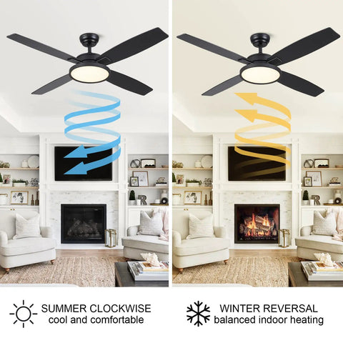 Dope 52 Inch Matte Black Modern Ceiling Fan With LED Lights And Remote Quiet Motor Reversible Four Blade Low Profile Design showing winter and summer settings