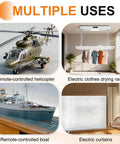 Multiple uses including remote-controlled helicopter, electric clothes drying rack, remote-controlled boat, electric curtains.