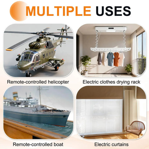 Multiple uses including remote-controlled helicopter, electric clothes drying rack, remote-controlled boat, electric curtains.