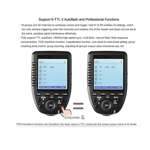XProC Canon TTL Wireless Flash Trigger With 1 To 8000s High Speed Sync, showing front view with large screen and buttons