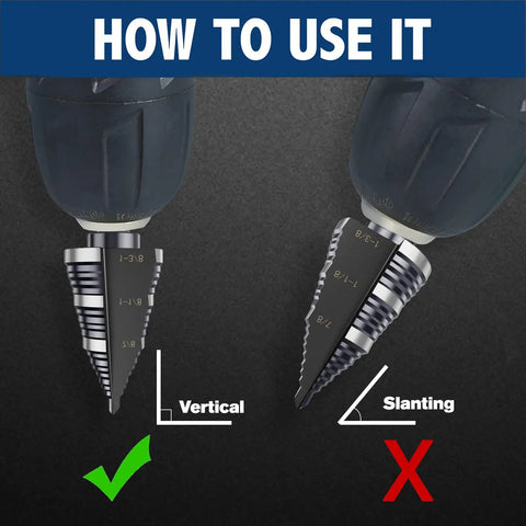 Step Drill Bit Set With Nineteen Sizes From Three Sixteenth Inch To One And Three Eighth Inch Double Fluted Cutting Bits demonstration