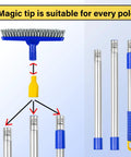Assembly diagram of Long Reach Grout Brush With Adjustable Telescopic Handle set with interchangeable poles and scrub head.