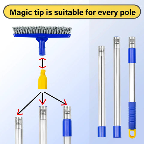 Assembly diagram of Long Reach Grout Brush With Adjustable Telescopic Handle set with interchangeable poles and scrub head.